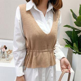 Set: Mini Shirtdress + Drawstring Waist Knit Vest