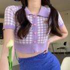 Short-sleeve Collar Gingham Crop Knit Top