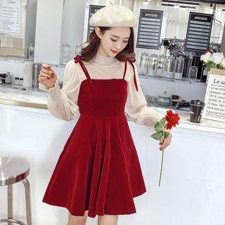 Set: Mock Neck Mesh Blouse + Spaghetti Strap Mini A-line Dress