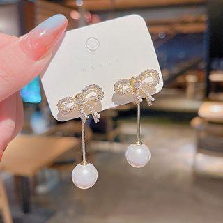 Bow Rhinestone Faux Pearl Dangle Earring 1 Pair - E3339 - Gold - One Size