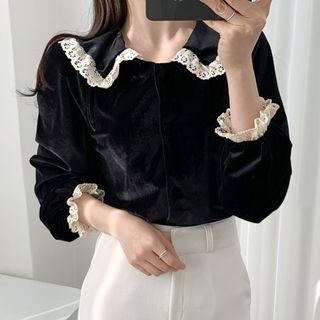 Lace Trim Collared Velvet Blouse Black - One Size