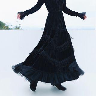 Lace Trim Velvet Blazer / Ruffled Midi A-line Mesh Skirt