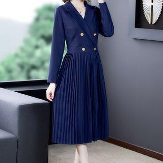 Long-sleeve Double Breasted Pleated A-line Midi Dress