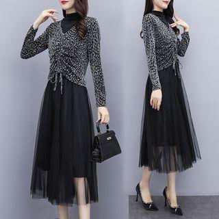 Set: Leopard Long-sleeve Top + Midi Skirt