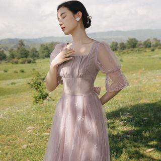Puff-sleeve Floral Embroidered Midi A-line Mesh Dress