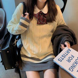 Contrast Trim Sweater / Plain Shirt / Mini A-line Skirt / Belt