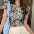 Short-sleeve Floral Print Mesh T-shirt As Shown In Figure - One Size
