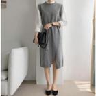 Long-sleeve Plain Shirt / Sleeveless Split Hem Knit Dress