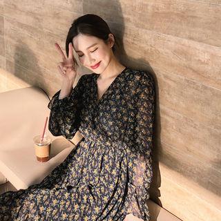 Floral Print Tiered Chiffon Dress Navy Blue - One Size