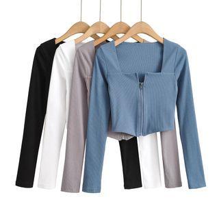 Long-sleeve Square Neck Zip-up Crop Top