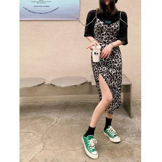 Set: Short-sleeve Lettering T-shirt + Leopard Print Overall Dress
