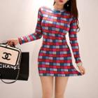 Long-sleeve Check Mini Bodycon Knit Dress As Shown In Figure - One Size