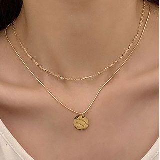 Lettering Disc Cross Layered Necklace Gold - One Size