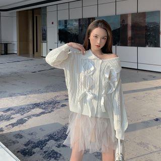 Bow Accent Collared Cardigan / Mini Mesh Skirt