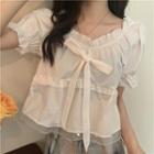 Puff Sleeve Square Neck Ruffle Trim Bow Layered Crop Top White - One Size