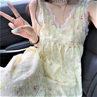Sleeveless Lace Trim Floral Print Midi A-line Dress Floral - Light Yellow - One Size
