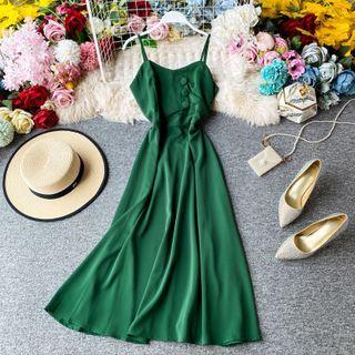 Button-detail Spaghetti-strap Midi Dress
