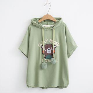Short-sleeve Embroidered Bear Hooded T-shirt