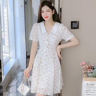 Short-sleeve Collar Floral Mini A-line Dress