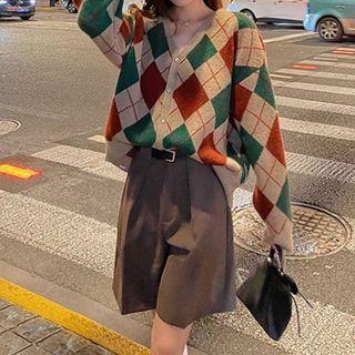 Argyle V-neck Cardigan / Wide Leg Dress Shorts / Set