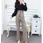 Set: Tie-neck Blouse + High Waist Wide-leg Pants