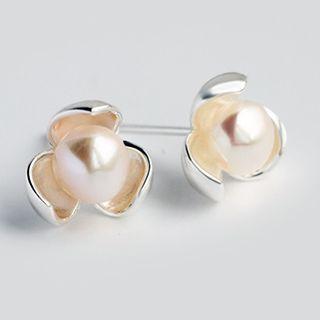 925 Sterling Silver Faux Pearl Flower Earrings