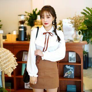 Tie-neck Frill-trim Blouse White - One Size