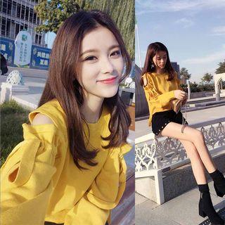 Cut-out Shoulder Knit Top Yellow - One Size