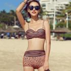 Set: Striped Playsuit + Bikini Top + Leopard Print Swim Shorts