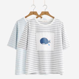 Short-sleeve Whale Print Striped T-shirt