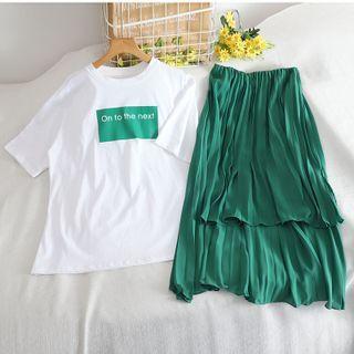 Set: Short-sleeve Lettering Print T-shirt + Midi A-line Skirt