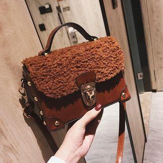 Faux Shearling Studded Buckled Box Crossbody Bag