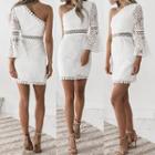 Long-sleeve One Shoulder Lace Mini Sheath Dress