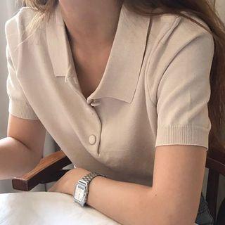 Collared Short-sleeve Knit Top Almond - One Size