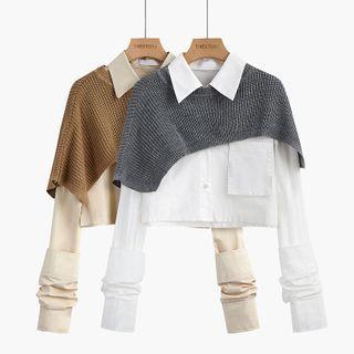 Set: Long-sleeve Cropped Shirt + Knit Shawl