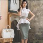 Set: Peplum Cap Sleeve Shirt + Plain Midi Skirt