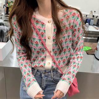 Flower Patterned Cardigan Pink & Red Flowers - Gray - One Size