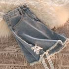 Fray Hem Lace Lace-up Denim Shorts