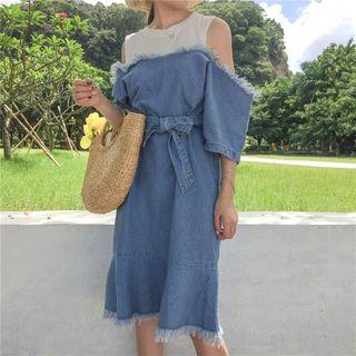 Mock Two-piece Open Shoulder Elbow-sleeve Denim Dress