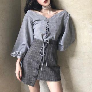 Plain Convestable Puff-sleeve Lace-up Top / Check Asymmetric Skirt