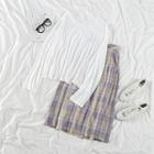 Long-sleeve T-shirt / Midi Plaid Skirt