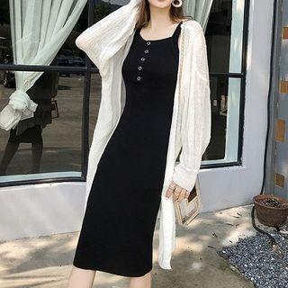Spaghetti Strap Knit Midi Sheath Dress Black - One Size