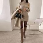 Cutout-shoulder Fold-over Mini Knit Dress