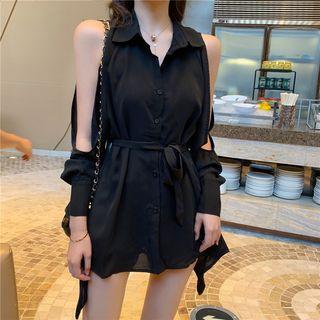 Off-shoulder Halter Open Back Drawstring Shirt Dress