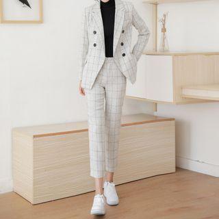 Set: Plaid Double-breasted Blazer + Straight Leg Dress Pants