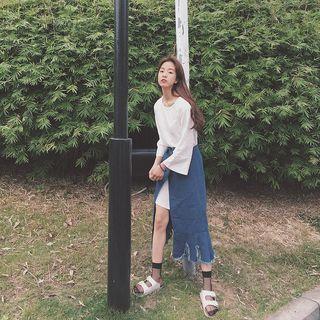 Set: 3/4-sleeve Long T-shirt + Slit Midi Denim Skirt
