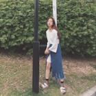 Set: 3/4-sleeve Long T-shirt + Slit Midi Denim Skirt