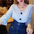 Set: Buttoned Elbow-sleeve Top + Button-front A-line Mini Denim Skirt