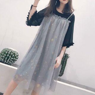 Mock Two-piece 3/4-sleeve Chiffon Shift Dress