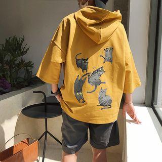 Cat Print Elbow-sleeve Hoodie